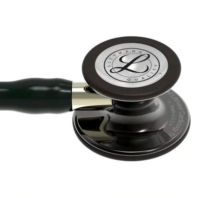 3M™ Littmann® Cardiology IV™ acabado de alto brillo gris humo, tubo negro, vástago champán y auricular negro 6204
