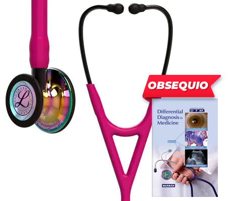 3M™ Littmann® Cardiology IV™, campana de acabado alto brillo en arcoíris, tubo frambuesa y vástago y auricular color gris humo 6241